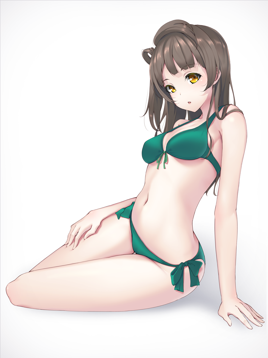 1girl arm_support bikini breasts brown_hair front-tie_top green_bikini highres long_hair looking_at_viewer love_live! love_live!_school_idol_project meda minami_kotori one_side_up side-tie_bikini simple_background sitting small_breasts solo swimsuit topknot white_background yellow_eyes yokozuwari