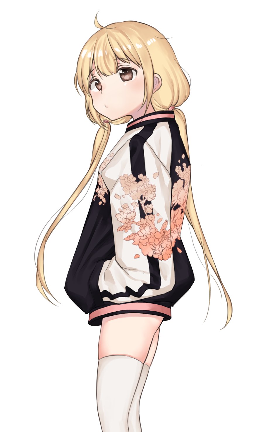 10s 1girl blonde_hair brown_eyes chungu from_side futaba_anzu hands_in_pockets highres idolmaster idolmaster_cinderella_girls jacket long_hair low_twintails solo standing thigh-highs twintails very_long_hair white_background white_legwear