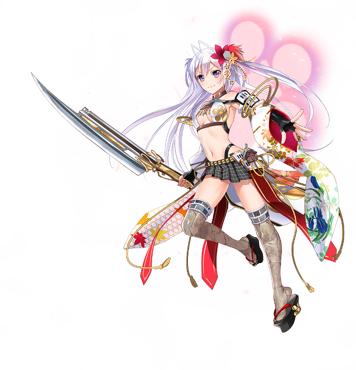 &gt;:) 1girl antenna_hair breasts checkered checkered_skirt cleavage flower full_body hair_flower hair_ornament holding holding_spear holding_weapon long_hair maeda_kanazawa_(oshiro_project) medium_breasts midriff murakami_yuichi navel official_art open_mouth oshiro_project oshiro_project_re pleated_skirt polearm purple_hair sideboob skirt smile spear thigh-highs transparent_background two_side_up very_long_hair weapon white_hair