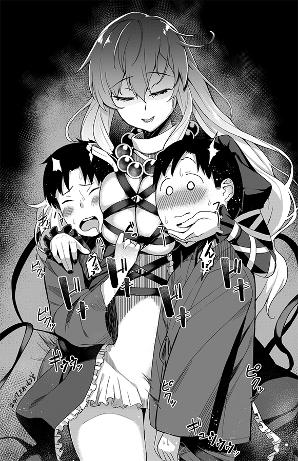 1girl 2boys bangs beads blush breast_smother breasts closed_eyes closed_mouth commentary_request cowboy_shot dated dress drooling eyebrows_visible_through_hair gin_(ginshari) greyscale hair_between_eyes hand_on_another's_chin hand_on_another's_shoulder hijiri_byakuren juliet_sleeves large_breasts long_hair long_sleeves looking_at_another looking_at_viewer looking_down monochrome multiple_boys nose_blush o_o open_mouth prayer_beads puffy_sleeves sweat thigh_gap touhou