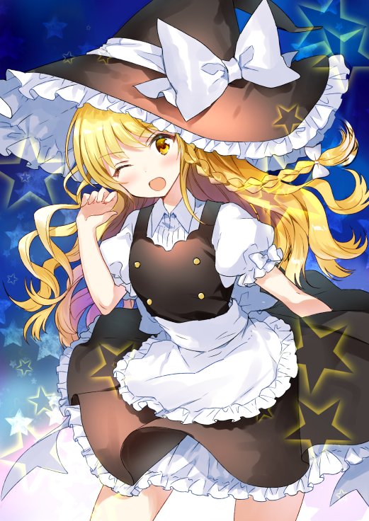 1girl ;d apron bangs blonde_hair blush bow braid commentary_request cowboy_shot eyebrows_visible_through_hair frilled_apron frills hair_bow hand_up hat hat_bow hayama_eishi kirisame_marisa long_hair looking_at_viewer one_eye_closed open_mouth puffy_sleeves side_braid single_braid smile solo star touhou waist_apron wavy_hair white_apron white_bow witch_hat yellow_eyes
