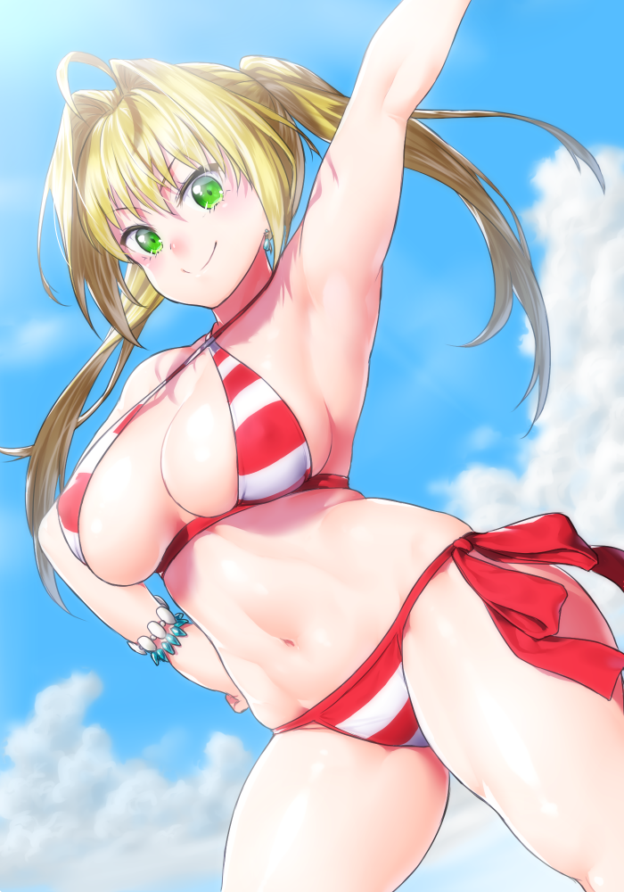 1girl ahoge arm_up armpits bangs bikini blonde_hair blue_sky breasts cleavage closed_mouth clouds cloudy_sky criss-cross_halter day fate/grand_order fate_(series) green_eyes halter_top halterneck hand_on_hip large_breasts long_hair looking_at_viewer navel nero_claudius_(swimsuit)_(fate) onsoku_maru outdoors saber_extra side-tie_bikini sky solo stomach striped striped_bikini swimsuit