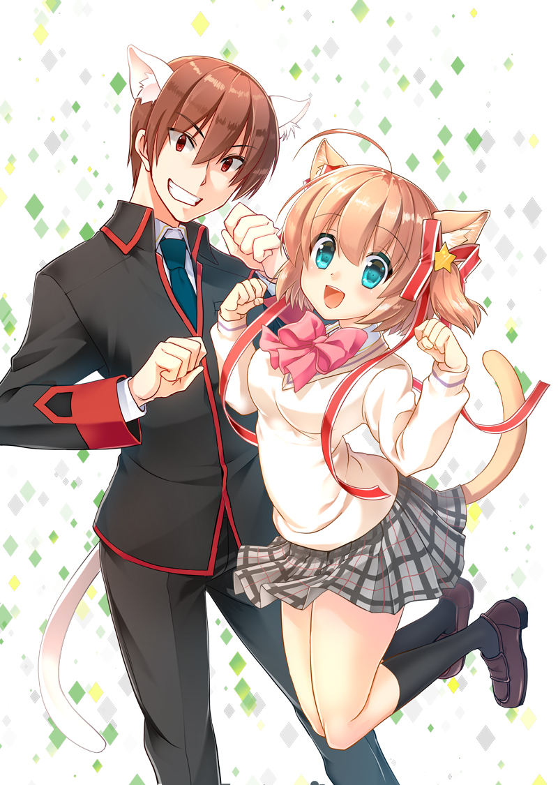 1boy 1girl animal_ears black_legwear blonde_hair bow brown_hair cat_ears cat_tail green_eyes green_necktie grin hair_ribbon jumping kamikita_komari little_busters!! loafers looking_at_viewer natsume_kyousuke necktie open_mouth paw_pose pink_bow plaid plaid_skirt pleated_skirt red_eyes red_ribbon remotaro ribbon school_uniform shoes short_hair skirt smile sweater tail twintails