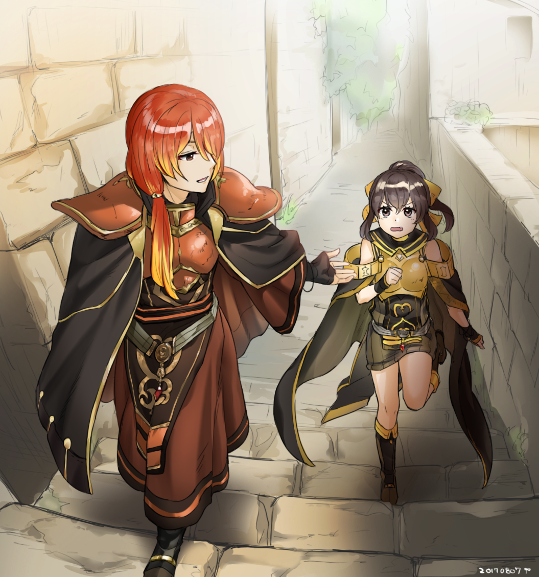 1boy 1girl armor boots brother_and_sister brown_eyes brown_hair cloak dyute_(fire_emblem) fang fingerless_gloves fire_emblem fire_emblem_echoes:_mou_hitori_no_eiyuuou futabaaf gloves gradient_hair hair_between_eyes hair_over_one_eye hair_ribbon luthier_(fire_emblem) multicolored_hair open_mouth orange_hair outstretched_hand ponytail redhead ribbon robe running short_hair siblings side_ponytail sleeveless stairs stone_wall walking wall wristband