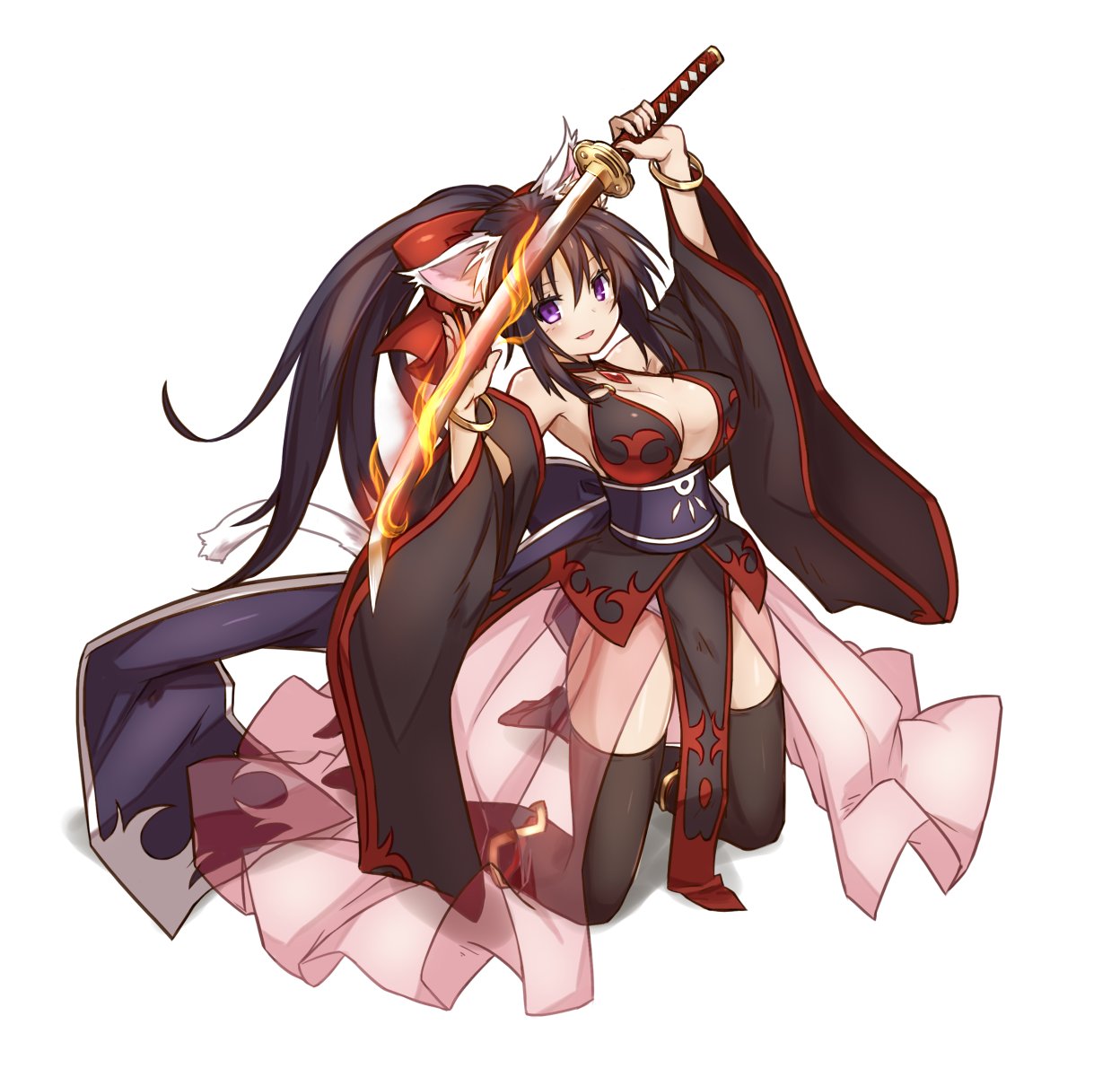 1girl animal_ears arched_back bangle black_boots black_hair black_legwear blush boots bow bracelet breasts cat_ears cat_tail cleavage detached_sleeves flaming_sword full_body hair_bow highres holding holding_sword holding_weapon jewelry katana kazana_(sakuto) kneeling large_breasts light_smile long_hair looking_at_viewer noihara_himari omamori_himari open_mouth panties pelvic_curtain ponytail pose see-through showgirl_skirt simple_background solo sword tail thigh-highs underwear very_long_hair violet_eyes weapon white_background white_panties