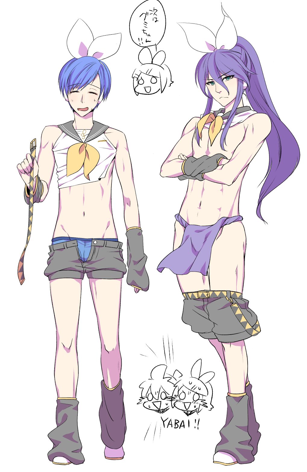 &gt;:&lt; 2boys abs aqua_eyes bare_shoulders belt blue_briefs blue_hair bow briefs closed_eyes closed_mouth cosplay crossed_arms detached_sleeves ecchuu_fundoshi embarrassed fundoshi hair_bow hair_ornament hairclip headphones headset highres japanese_clothes kagamine_rin kagamine_rin_(cosplay) kaito kamui_gakupo leg_warmers long_hair midriff multiple_boys navel open_mouth ponytail purple_hair sailor_collar serious shorts sweatdrop tamara toned toned_male treble_clef underwear unzipped vocaloid