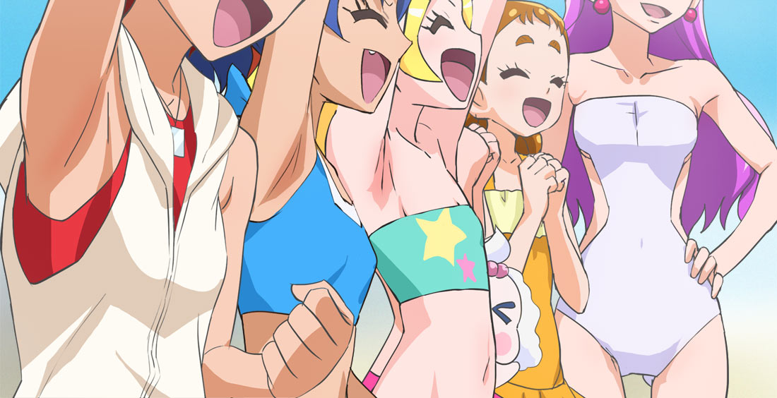 5girls ^_^ arisugawa_himari armpits arms_up bikini blonde_hair blue_bikini blue_hair brown_hair closed_eyes earrings flat_chest green_bikini hand_on_hip happy haruyama_kazunori jewelry kenjou_akira kirahoshi_ciel kirakira_precure_a_la_mode kotozume_yukari long_hair multiple_girls navel one-piece_swimsuit orange_swimsuit pekorin_(precure) precure purple_hair redhead short_hair star swimsuit tategami_aoi