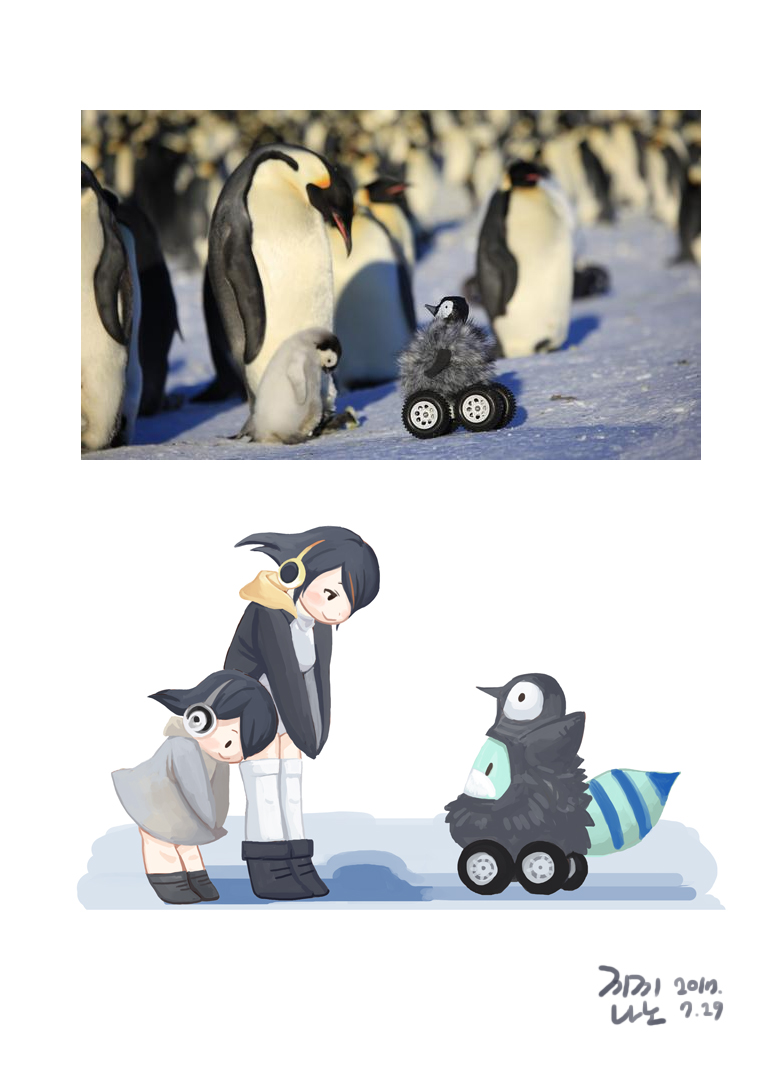 2017 bird black_boots black_eyes blurry blush boots bowing child closed_mouth commentary dated day depth_of_field disguise emperor_penguin_(kemono_friends) from_side headphones kemono_friends looking_down lucky_beast_(kemono_friends) multicolored_hair number orange_hair outdoors own_hands_together penguin photo profile real_life roonhee signature smile standing streaked_hair striped_tail thigh-highs v_arms vehicle wheels white_legwear |_|