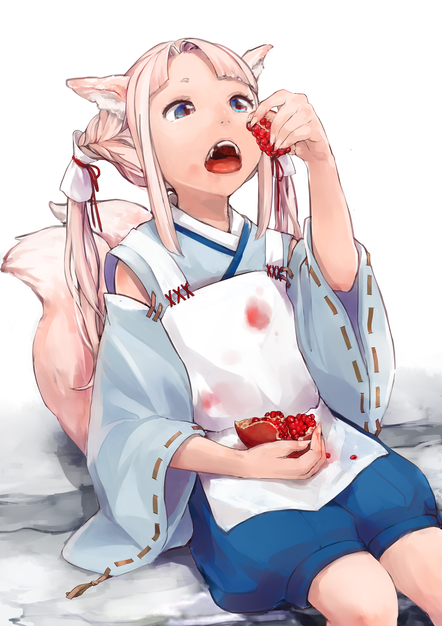 animal_ears blue_eyes blue_pants braid commentary_request eating food food_on_face fruit hair_tubes highres holding holding_food japanese_clothes long_hair matome missing_tooth multiple_tails open_mouth original pants pink_hair pomegranate ribbon-trimmed_sleeves ribbon_trim sitting solo stained_clothes tail twintails white_background wide_sleeves