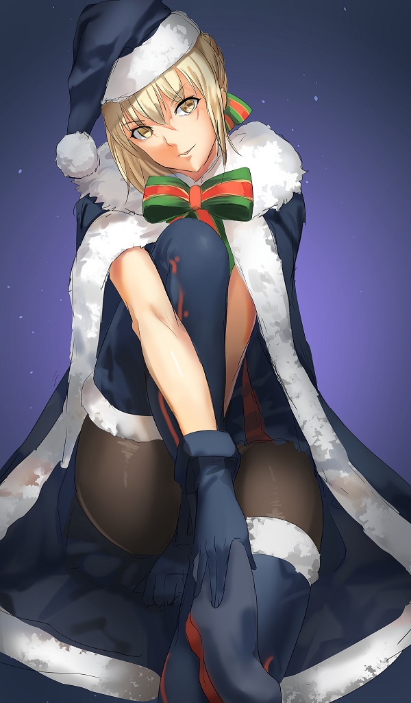 &gt;:) 1girl artoria_pendragon_(all) bangs black_boots black_dress black_gloves black_legwear blonde_hair boots cape dress fate/grand_order fate_(series) fur_trim gloves hair_ribbon hat knee_up looking_at_viewer pantyhose parted_lips ribbon saber_alter santa_hat short_dress short_hair sitting smile solo thigh-highs thigh_boots thighhighs_under_boots three_k_(spiritus_no_honoo) yellow_eyes