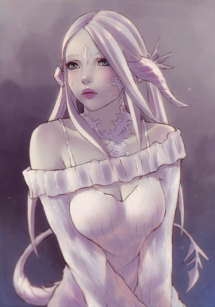 1girl au_ra bare_shoulders blue_eyes breasts cleavage_cutout dragon_girl dragon_horns dragon_tail final_fantasy final_fantasy_xiv horns long_hair medium_breasts off-shoulder_sweater pale_skin parted_lips scales solo soranamae sweater tail upper_body white_hair