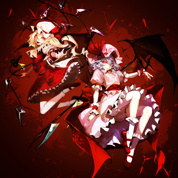 &gt;:) 2girls :d ascot bangs banpai_akira bat bat_wings beckoning blonde_hair blood bloomers blue_hair bow brooch closed_mouth collar commentary_request dress fangs flandre_scarlet frilled_collar frilled_cuffs frilled_legwear frilled_sleeves frills full_body hair_between_eyes hat hat_ribbon holding holding_weapon jewelry jumping laevatein long_hair looking_at_viewer mary_janes mob_cap multiple_girls open_mouth outstretched_arm pink_dress pink_hat pink_skirt puffy_short_sleeves puffy_sleeves red_bow red_eyes red_ribbon red_skirt red_vest remilia_scarlet ribbon shirt shoes short_hair short_sleeves skirt skirt_set smile socks touhou tsurime underwear vest weapon white_hat white_legwear white_shirt wings wrist_cuffs