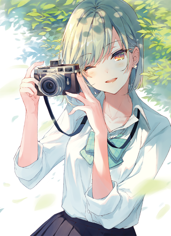 1girl :d ;d bangs blouse blue_skirt blush brown_eyes camera collarbone earrings eyebrows_visible_through_hair green_hair hands_up holding holding_camera jewelry leaf looking_at_viewer one_eye_closed open_mouth original outdoors pleated_skirt reia school_uniform skirt sleeves_rolled_up smile solo strap upper_body white_blouse