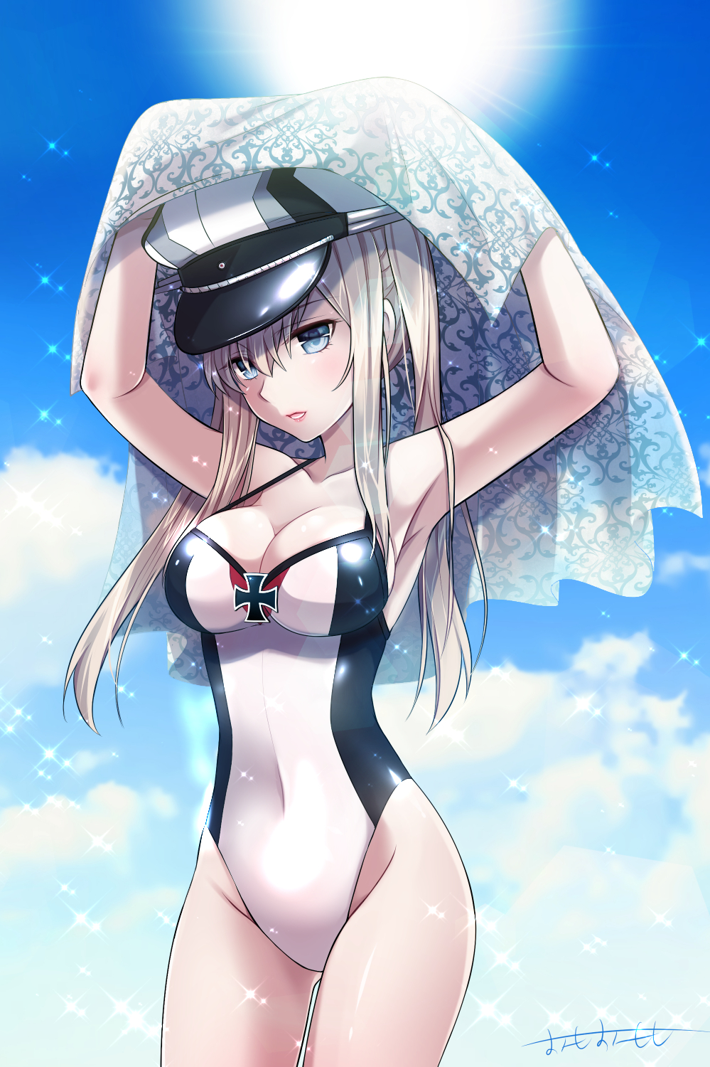 1girl adapted_costume armpits artist_name blonde_hair blue_eyes breasts clouds cloudy_sky collarbone day graf_zeppelin_(kantai_collection) hat highres kantai_collection large_breasts long_hair omoomomo one-piece_swimsuit peaked_cap sidelocks signature sky solo sun swimsuit twintails