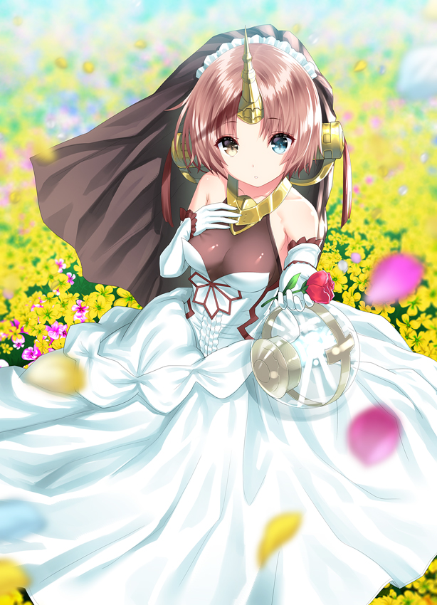 1girl bangs berserker_of_black blue_eyes blurry brown_hair closed_mouth day depth_of_field dress elbow_gloves eyebrows_visible_through_hair fate/apocrypha fate_(series) field flower flower_field gloves headdress heterochromia holding horn outdoors outstretched_arm petals short_hair solo veil white_dress white_gloves yasuyuki yellow_flower