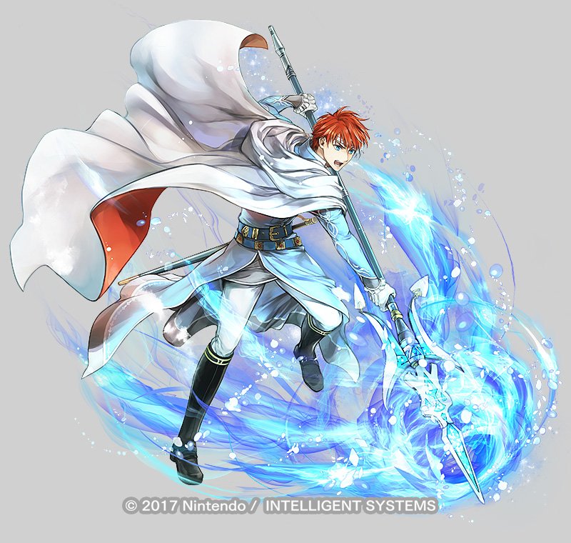 1boy aura belt blue_eyes boots cape circlet copyright_name eliwood_(fire_emblem) fire_emblem fire_emblem:_the_blazing_blade fire_emblem_heroes full_body gloves grey_background male_focus official_art open_mouth polearm redhead solo spear sword teeth wada_sachiko weapon