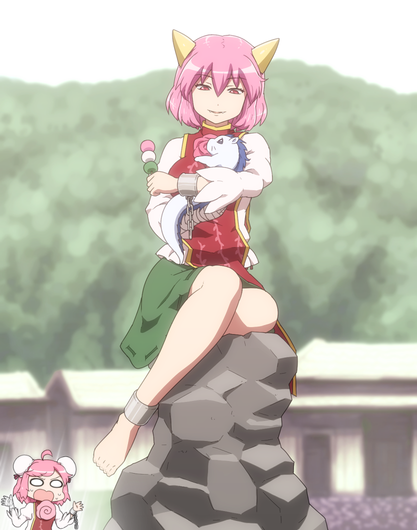 2girls anklet bandage bandaged_arm barefoot bun_cover chibi chinese_clothes cuffs dango double_bun dual_persona fangs flower food full_body green_skirt ibaraki_kasen jewelry juliet_sleeves long_sleeves multiple_girls o_o oni_horns open_mouth parted_lips pink_hair pink_rose puffy_sleeves red_eyes rose shackles shirosato short_hair sitting skirt smile tabard touhou wagashi