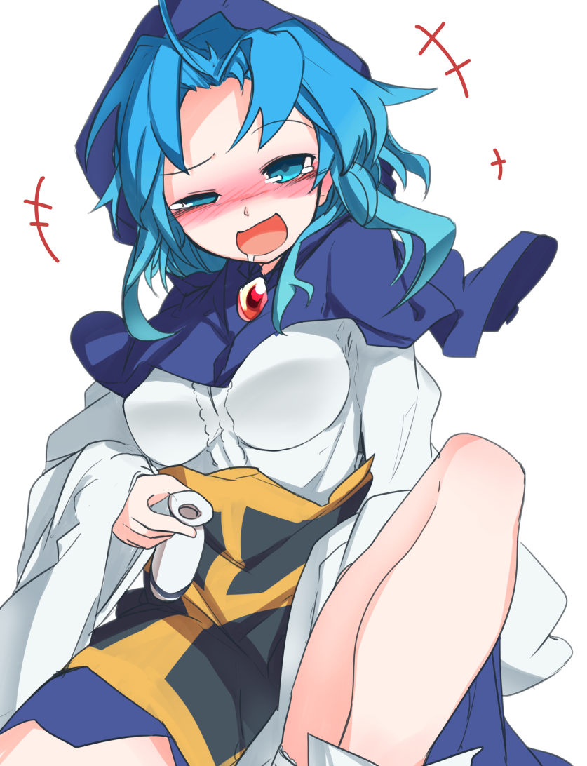 +++ 1girl :d ahoge blue_eyes blue_hair blush breasts drunk furorina hood kesa knee_up kumoi_ichirin laughing long_hair long_sleeves looking_at_viewer medium_breasts nose_blush nun open_mouth sitting smile solo tokkuri touhou wide_sleeves