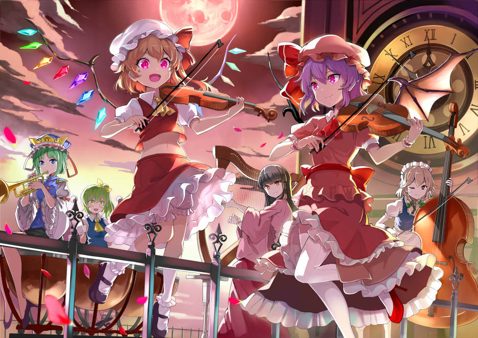 6+girls apron ascot bat_wings black_hair black_shoes black_skirt blonde_hair bloomers blue_eyes bobby_socks bow braid clock clock_tower clouds cloudy_sky commentary_request daiyousei emerane fence flandre_scarlet frilled_skirt frills full_moon green_eyes green_hair hair_bow hair_ribbon harp hat hat_ribbon high_heels houraisan_kaguya instrument izayoi_sakuya japanese_clothes kimono long_sleeves maid_headdress mary_janes midriff mob_cap moon multiple_girls music navel night night_sky one_eye_closed open_mouth outdoors petals pink_eyes pink_hat pink_skirt playing_instrument puffy_short_sleeves puffy_sleeves purple_hair red_eyes red_moon red_ribbon red_shoes red_skirt red_sky remilia_scarlet ribbon shiki_eiki shoes short_sleeves silver_hair sitting skirt skirt_set sky smile socks touhou tower trumpet twin_braids underwear vest violin waist_apron white_hat white_legwear wide_sleeves wings wrist_cuffs yellow_ribbon