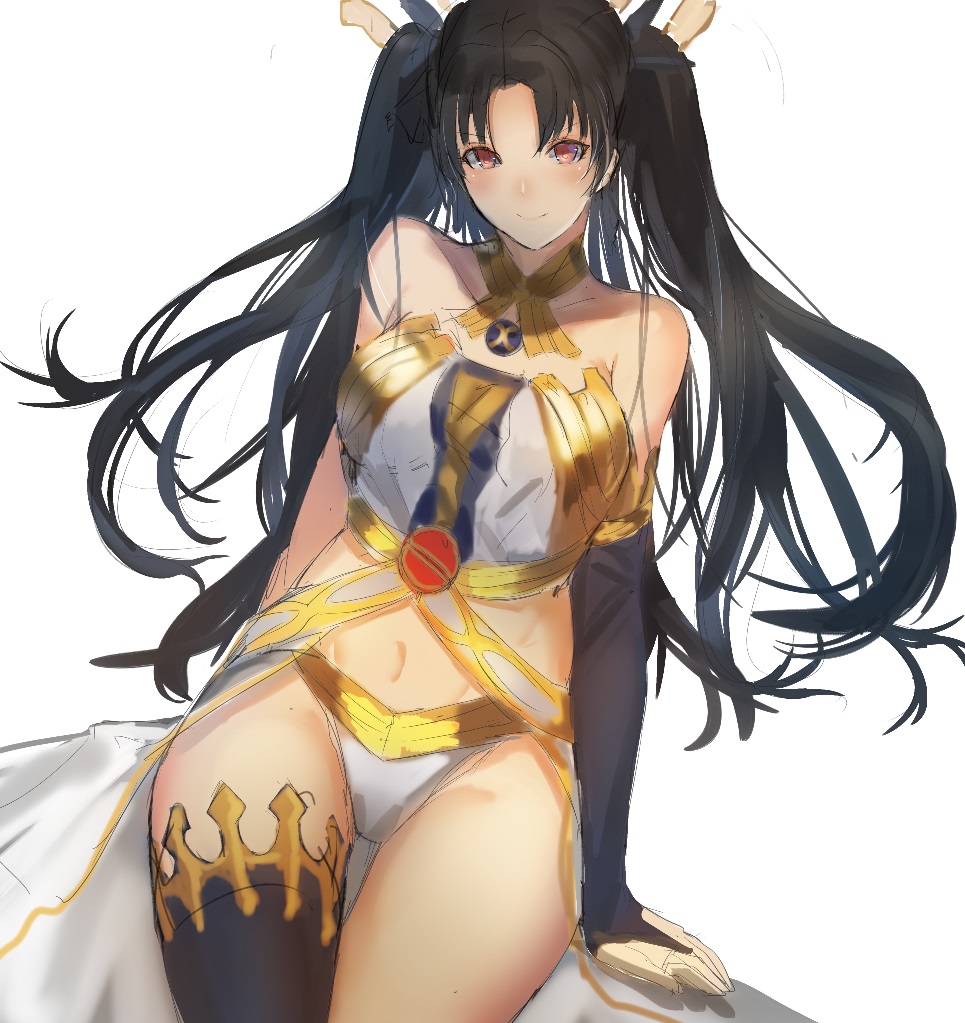 &gt;:) 1girl arm_support asymmetrical_legwear asymmetrical_sleeves bare_shoulders black_hair breasts bridal_gauntlets closed_mouth elbow_gloves fate/grand_order fate_(series) gloves hair_ribbon ishtar_(fate/grand_order) jewelry large_breasts long_hair looking_at_viewer navel neck_ring panties red_eyes ribbon single_elbow_glove single_thighhigh sitting smile solo stomach thigh-highs three_k_(spiritus_no_honoo) tohsaka_rin two_side_up underwear white_panties