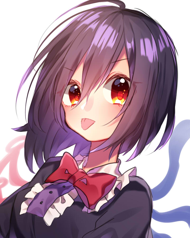 &gt;:p 1girl :p ahoge asymmetrical_wings bangs black_dress black_hair bow bowtie dress eyebrows_visible_through_hair face frills hair_between_eyes houjuu_nue looking_at_viewer portrait red_bow red_bowtie red_eyes renka_(sutegoma25) short_hair simple_background solo tongue tongue_out touhou white_background wings
