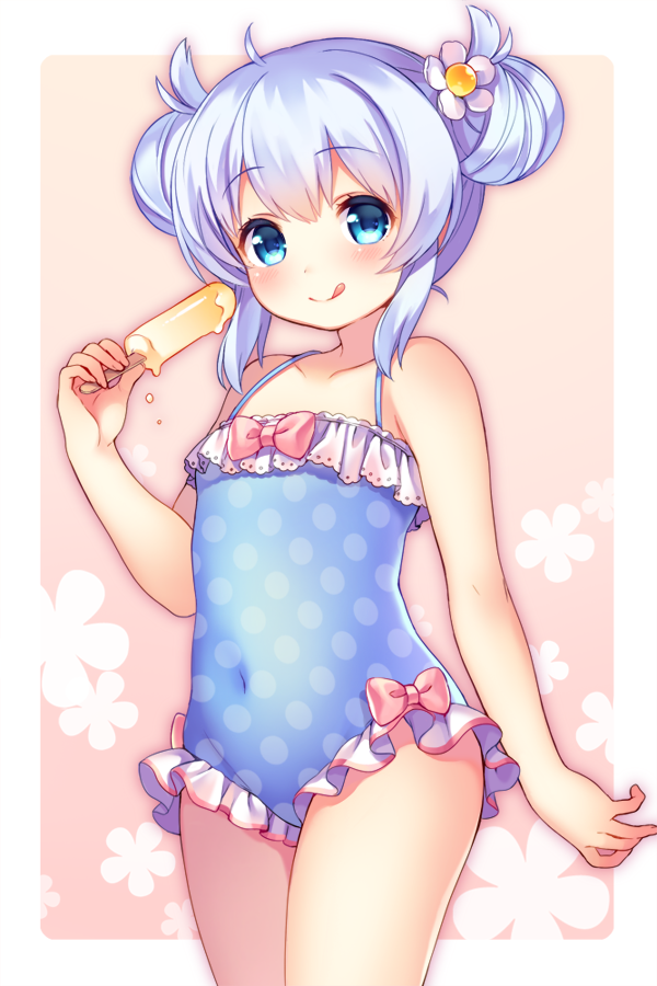 1girl :q alternate_hairstyle baikamo_(flower_knight_girl) blue_eyes blue_swimsuit bow cowboy_shot double_bun flower_knight_girl food holding holding_food pink_background pink_bow polka_dot polka_dot_swimsuit popsicle short_hair shouni_(sato3) silver_hair solo swimsuit tongue tongue_out