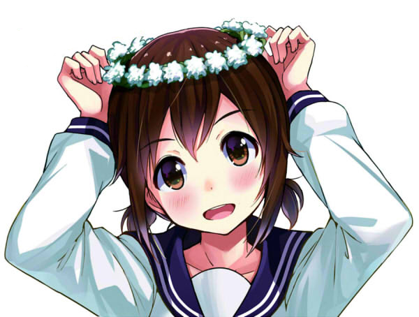 1girl :d adjusting_headwear blush brown_eyes brown_hair head_wreath low_twintails mirai_denki open_mouth original portrait school_uniform serafuku short_twintails simple_background smile solo twintails white_background