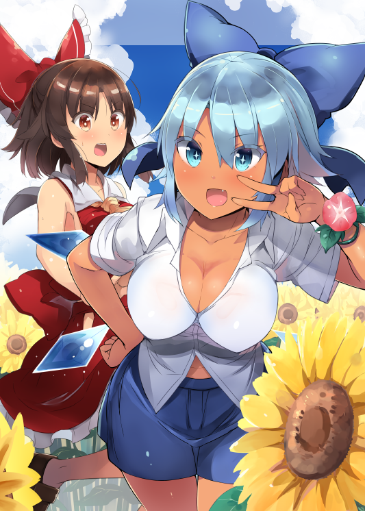 +_+ 2girls alternate_breast_size alternate_costume armpit_peek ascot bare_arms blue_bow blue_eyes blue_hair blush bow breasts brown_eyes brown_hair cirno cleavage collarbone cowboy_shot day eyebrows_visible_through_hair fang field flower flower_field hair_bow hakurei_reimu hand_on_hip hand_up hip_vent ice ice_wings large_breasts leaning_forward looking_at_another looking_at_viewer multiple_girls open_mouth outdoors plant shin_(new) shirt short_hair short_sleeves skirt skirt_set sleeveless smile standing sunflower tan tanned_cirno touhou v vines wings