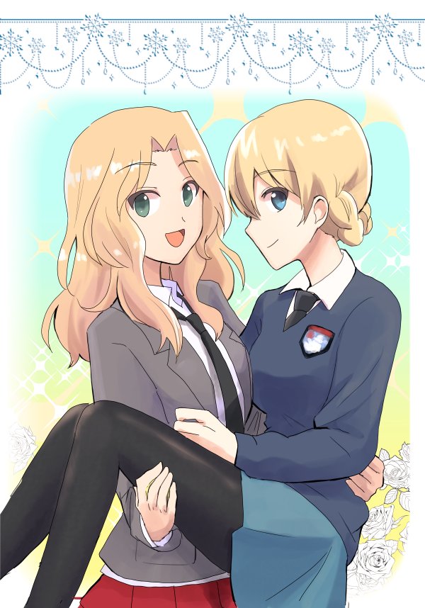 10s 2girls :d blue_eyes braid carrying darjeeling emblem french_braid girls_und_panzer green_eyes kay_(girls_und_panzer) long_hair looking_at_viewer multiple_girls necktie open_mouth pantyhose princess_carry raki_(kuroe) saunders_school_uniform short_hair sketch smile st._gloriana's_(emblem) st._gloriana's_school_uniform