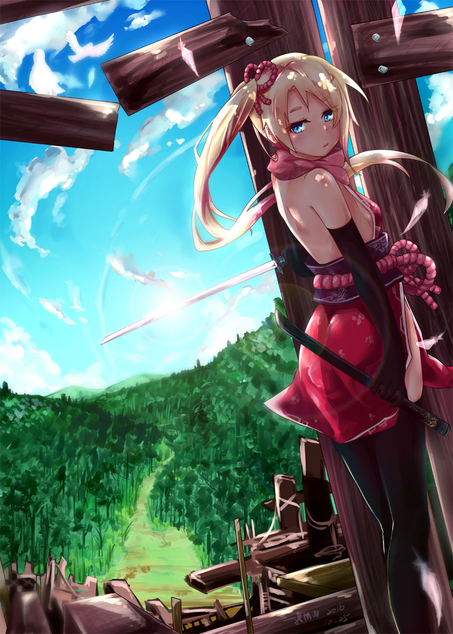 1girl 2016 arm_at_side artist_name ass back bamboo bamboo_forest bangs bare_shoulders black_gloves black_legwear blonde_hair blue_eyes blue_sky breasts clouds cloudy_sky commentary_request dated day elbow_gloves eyebrows_visible_through_hair eyelashes feathers floral_print forest from_behind gloves hair_ornament hair_tie half-closed_eyes highres hmw_(pixiv7054584) holding holding_sword holding_weapon japanese_clothes kimono long_hair looking_at_viewer looking_back nature ninja obi original outdoors parted_lips ponytail rope sash scabbard sheath short_eyebrows short_kimono side_ponytail side_slit sideboob sky sleeveless sleeveless_kimono small_breasts solo sword thick_eyebrows tree unsheathed weapon