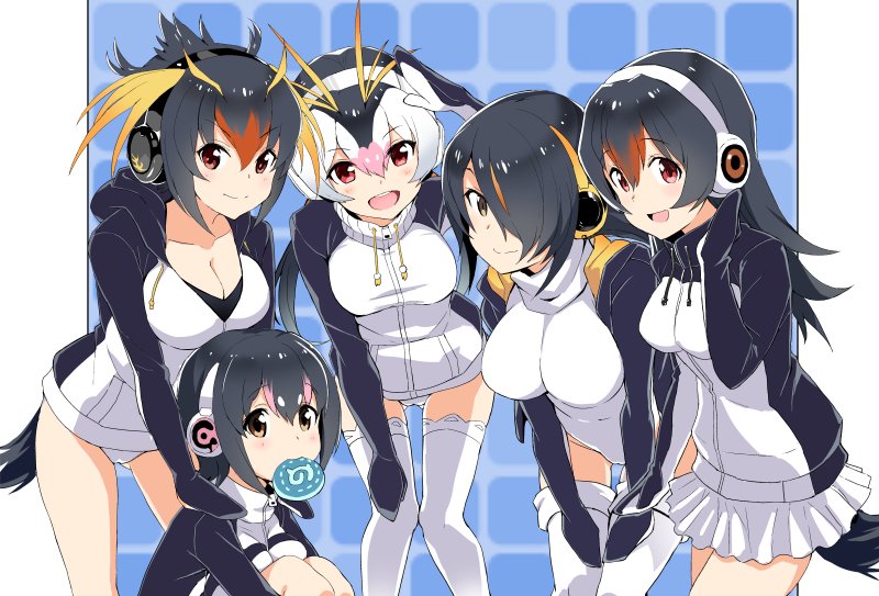 5girls :d black_hair breasts brown_eyes emperor_penguin_(kemono_friends) food food_in_mouth gentoo_penguin_(kemono_friends) hair_over_one_eye hand_on_own_knee hands_on_another's_shoulders headphones hood hoodie humboldt_penguin_(kemono_friends) jacket japari_bun kemono_friends large_breasts lineup medium_breasts mirai_denki mouth_hold multicolored_hair multiple_girls open_mouth penguin_tail penguins_performance_project_(kemono_friends) red_eyes rockhopper_penguin_(kemono_friends) royal_penguin_(kemono_friends) salute smile streaked_hair zipper