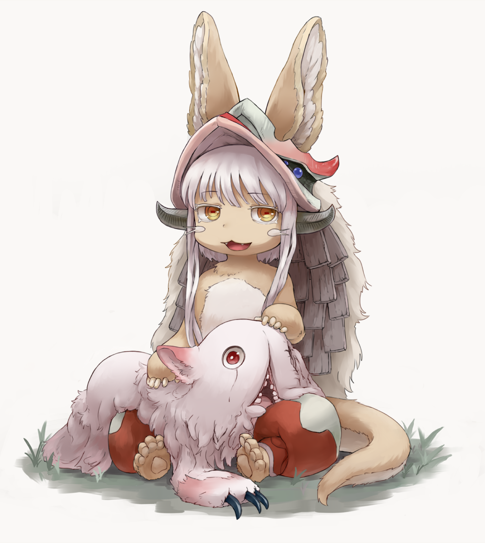 1girl :3 :d animal_ears barefoot brown_eyes claws colored_eyelashes creature eyebrows_visible_through_hair fangs full_body furry grass hat horns kumama looking_at_viewer lying made_in_abyss mitty_(made_in_abyss) nanachi_(made_in_abyss) on_stomach open_mouth pants petting red_eyes short_hair_with_long_locks sitting smile tail white_background white_hair