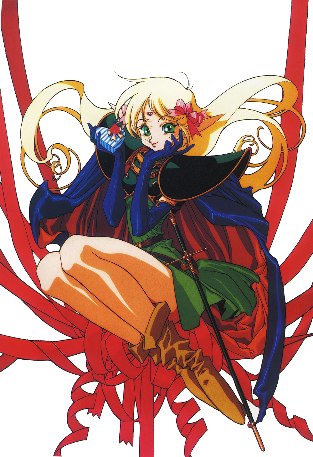 1girl 90s blonde_hair blue_gloves boots bow cape chocolate chocolate_heart deedlit elbow_gloves floating_hair gift gloves green_eyes green_hair hair_bow hand_on_own_cheek heart highres holding holding_gift legs_together long_hair looking_at_viewer official_art pointy_ears record_of_lodoss_war ribbon sheath sheathed simple_background skirt smile solo sword weapon white_background yuuki_nobuteru