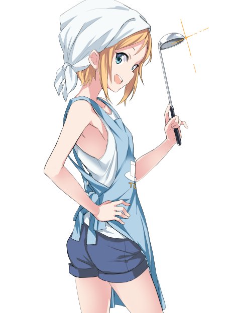 1girl apron aqua_apron aqua_eyes from_side hand_on_hip head_scarf jpeg_artifacts ladle mirai_denki nonohara_hime shirt short_hair shorts sidelocks simple_background sleeveless sleeveless_shirt solo sparkle tokyo_7th_sisters white_background