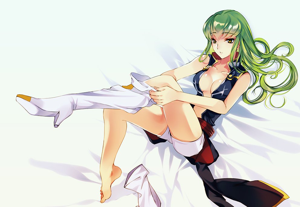 1girl bangs bare_shoulders barefoot bed_sheet bent_knees breasts c.c. cleavage code_geass collarbone eyebrows_visible_through_hair feet green_hair high_heels legs long_hair lying medium_breasts meimi_k on_back parted_lips shoes shoes_removed sidelocks single_shoe uniform yellow_eyes