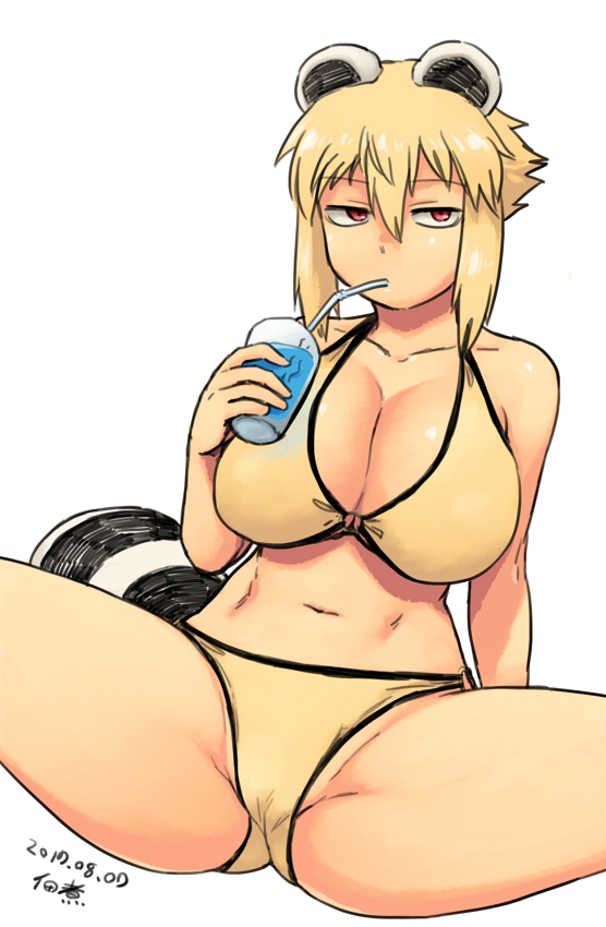 1girl animal_ears araiguma-san bare_shoulders bikini blonde_hair breasts cleavage collarbone cup dated drinking_glass drinking_straw large_breasts looking_at_viewer navel original raccoon_ears raccoon_tail red_eyes short_hair simple_background solo spread_legs swimsuit tail thick_thighs thighs tsukudani_(coke-buta) white_background yellow_bikini