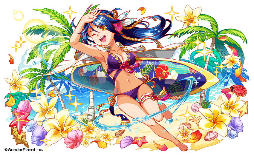 1girl ;d arm_up armpits barefoot beach bikini blue_flower blue_hair breasts cleavage floating_hair flower full_body hair_flower hair_ornament hair_ribbon hibiscus long_hair medium_breasts navel ocean one_eye_closed open_mouth palm_tree purple_bikini red_flower ribbon sideboob simple_background smile solo swimsuit tattoo thigh_strap tree very_long_hair white_background white_ribbon yellow_eyes yellow_flower
