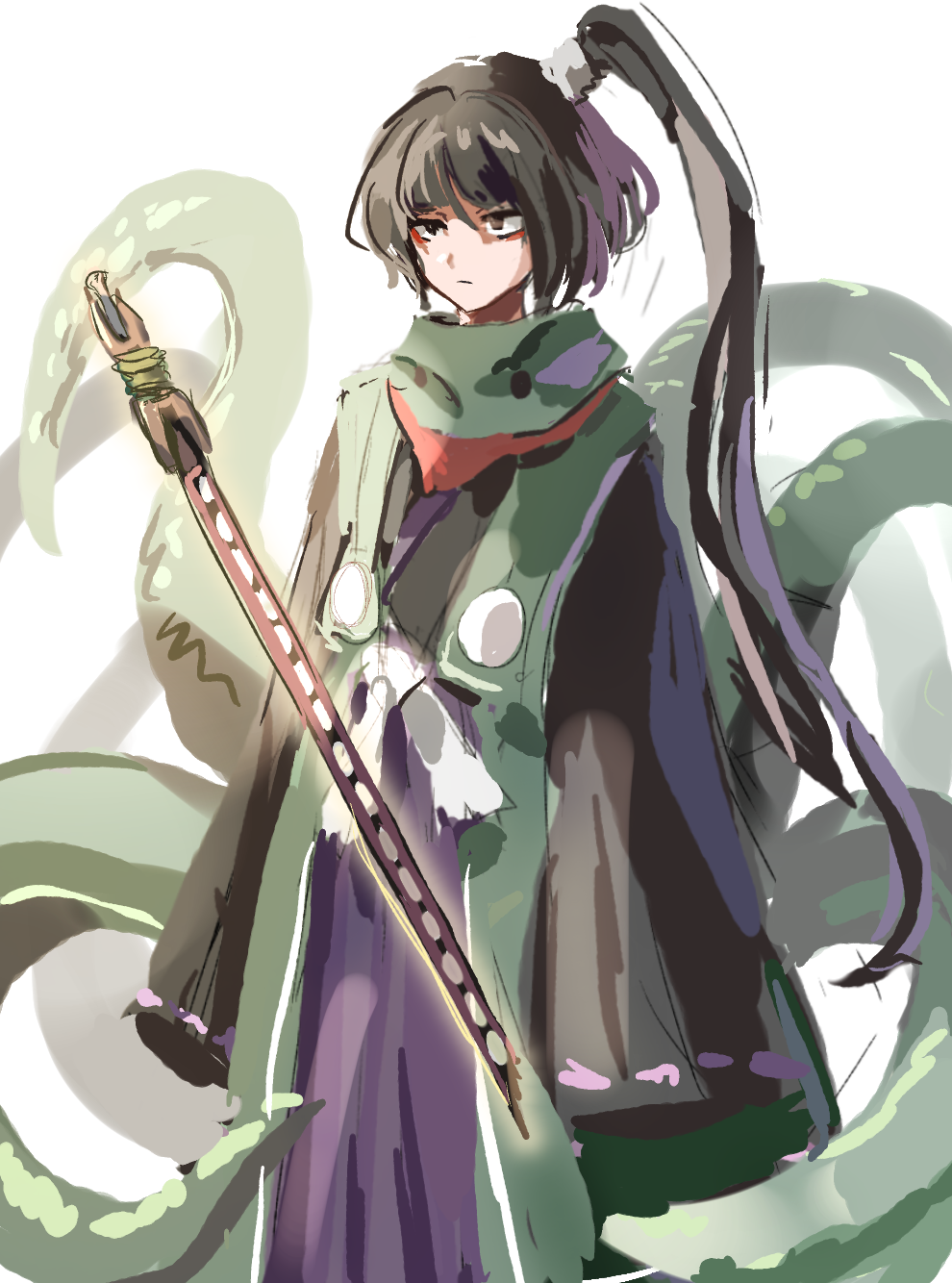 1other adagumo_no_yaorochi androgynous bangs black_eyes black_hair black_sleeves blunt_bangs closed_mouth commentary_request expressionless green_scarf hemo_(hemoroda) highres japanese_clothes kimono len'en long_hair multiple_tails ponytail purple_kimono ribbon scarf sleeves_past_fingers sleeves_past_wrists snake_tail solo sword tail tasouken weapon white_ribbon