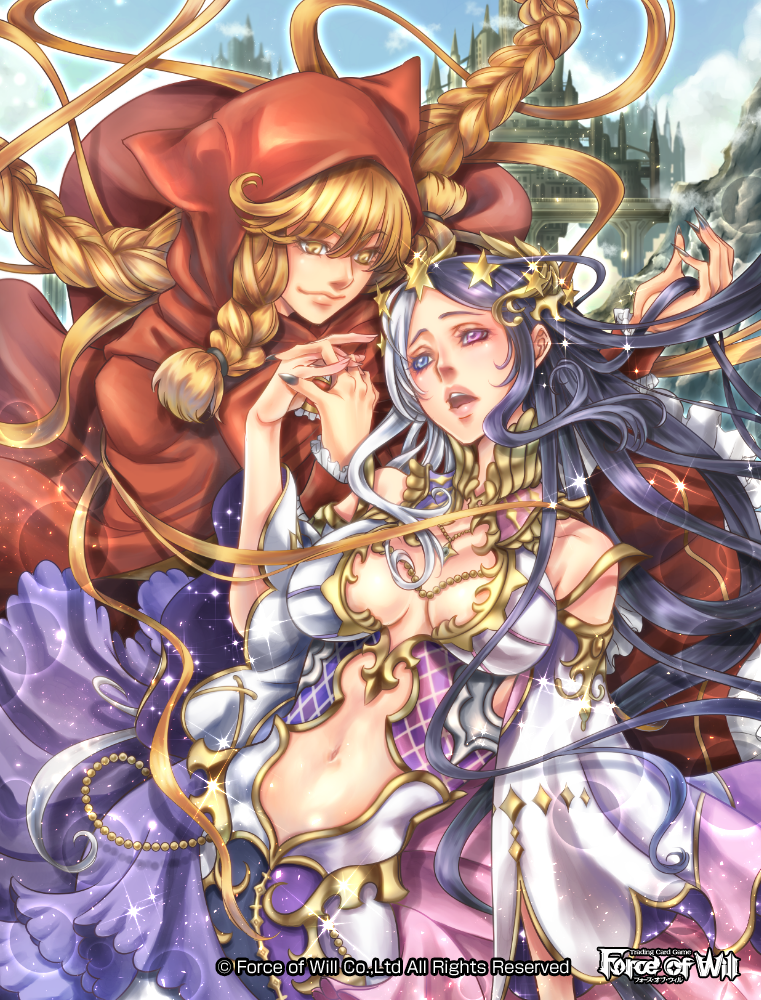 2girls black_hair blonde_hair braid castle center_opening copyright_name day force_of_will heterochromia hood long_hair multicolored_hair multiple_girls nail_polish navel official_art open_mouth pink_eyes sky sparkle star teeth tiara two-tone_hair white_hair yellow_eyes