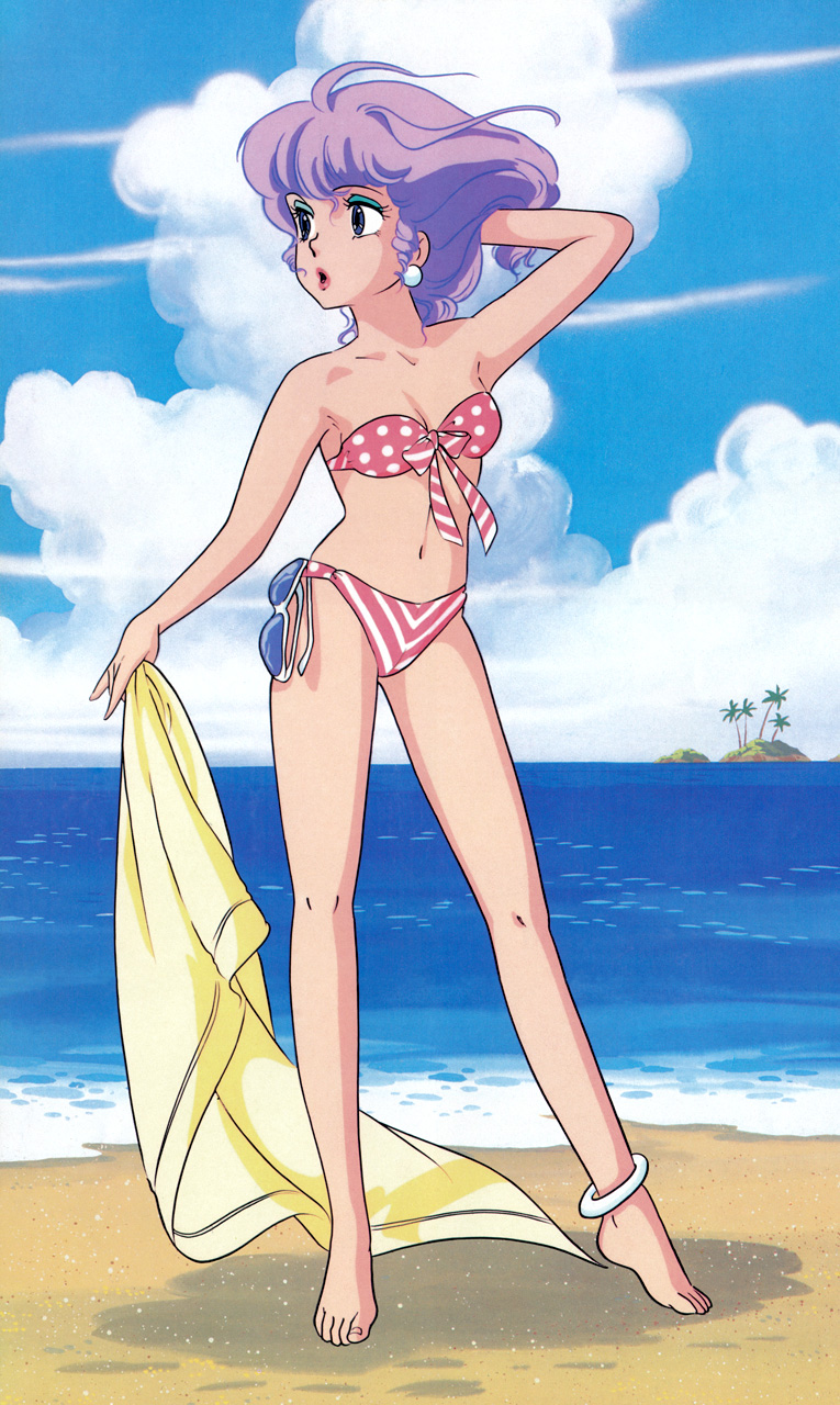 1girl adjusting_hair anklet artist_request barefoot beach bikini creamy_mami day earrings highres island jewelry kitagawa_yuuko lipstick mahou_no_tenshi_creamy_mami makeup morisawa_yuu navel official_art outdoors purple_hair sand short_hair solo standing sunglasses swimsuit towel