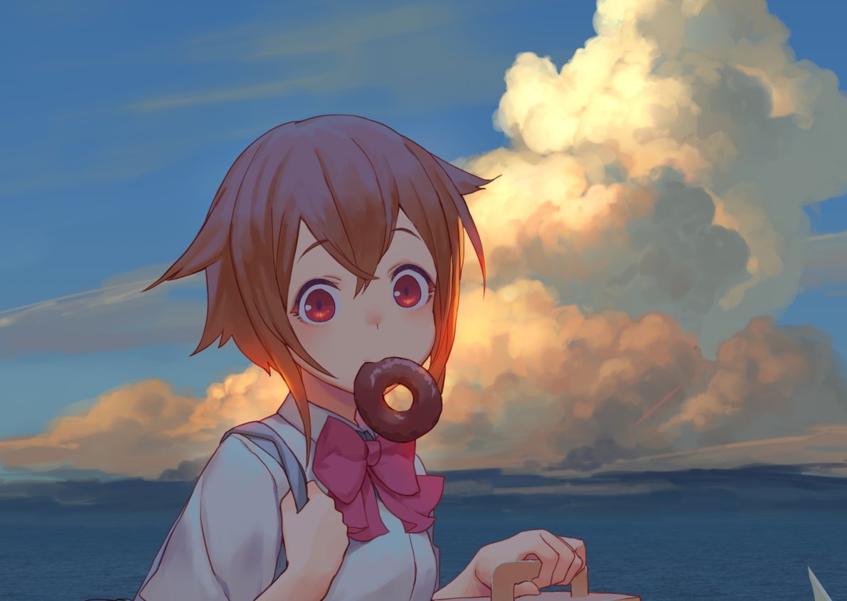 1girl bag bangs blue_sky bow bowtie box brown_hair clouds cloudy_sky collared_shirt doughnut doughnut_box eyebrows_visible_through_hair food food_in_mouth hair_between_eyes hands_up holding holding_box izumi_sai looking_at_viewer mouth_hold ocean original outdoors pink_bow pink_bowtie red_eyes school_bag school_uniform shirt short_hair short_sleeves shoulder_bag sidelocks sky solo upper_body white_shirt