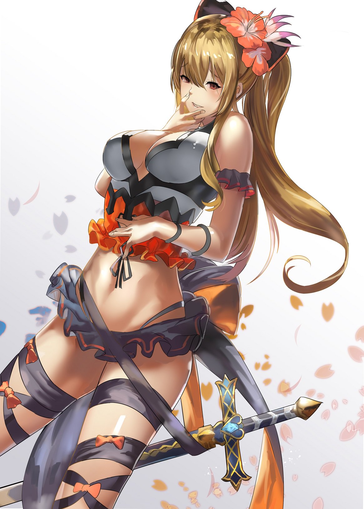 10s 1girl bangs bare_shoulders bikini bow breasts cleavage cowboy_shot flower frilled_bikini frills granblue_fantasy hair_bow hair_flower hair_ornament hibiscus highres large_breasts long_hair looking_at_viewer parted_lips ponytail red_eyes smile solo swimsuit sword three_k_(spiritus_no_honoo) vira weapon