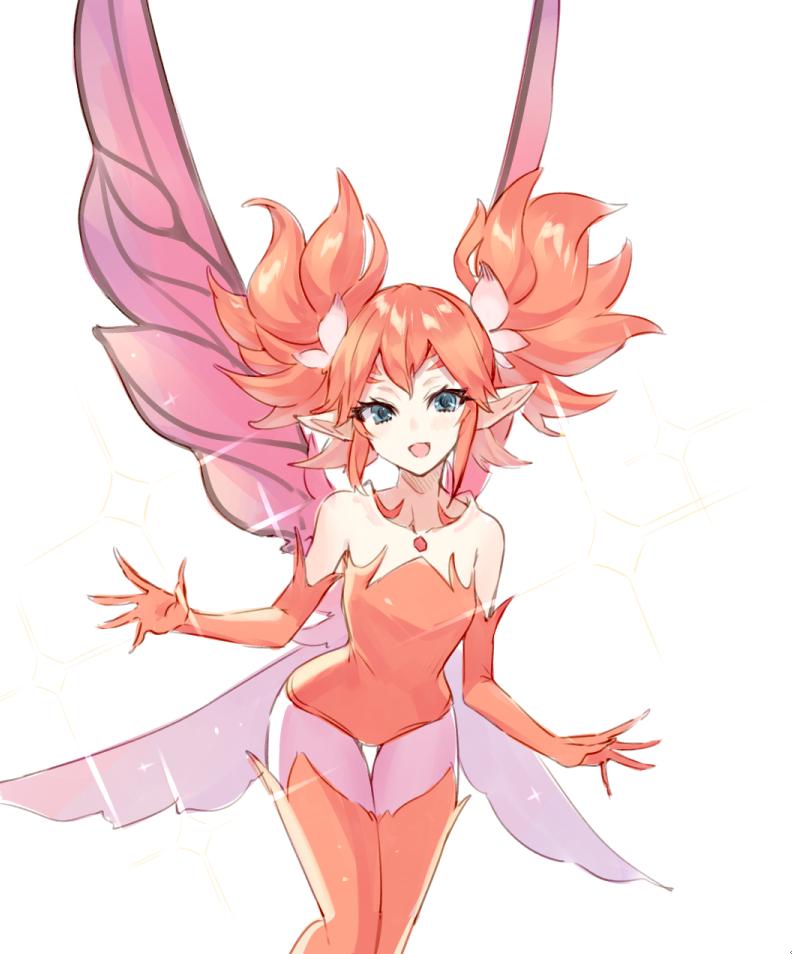 1girl :d bangs bare_shoulders blue_eyes butterfly_wings elbow_gloves fairy feo_ul final_fantasy final_fantasy_xiv gloves leotard looking_at_viewer open_mouth orange_gloves orange_hair orange_legwear orange_leotard pointy_ears purple_wings short_hair short_twintails sidelocks simple_background smile solo sparkle strapless strapless_leotard thigh-highs thigh_gap twintails white_background wings yuya_(night_lily)