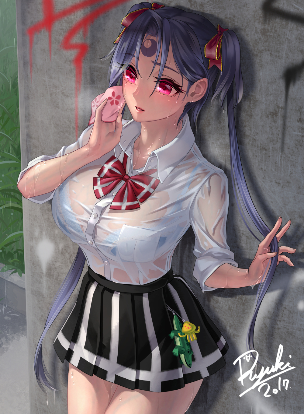 1girl blue_bra blue_hair blush bra breasts handkerchief highres long_hair original pleated_skirt ryuki@maguro-ex school_uniform see-through skirt solo twintails underwear violet_eyes wet wet_clothes