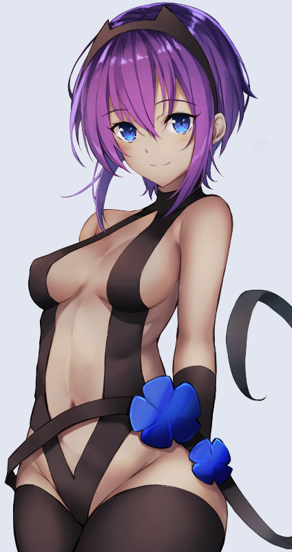 1girl anza_tomo arms_behind_back assassin_(fate/prototype_fragments) bangs bare_shoulders black_legwear blue_eyes blue_flower blush breasts center_opening dark_skin detached_sleeves fate/prototype fate/prototype:_fragments_of_blue_and_silver fate_(series) hair_between_eyes hairband hips looking_at_viewer looking_to_the_side medium_breasts navel purple_hair revealing_clothes ribbon short_hair sideboob simple_background smile solo