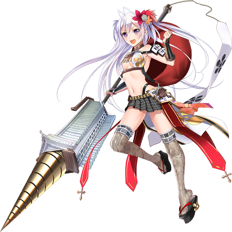 &gt;:d 1girl :d antenna_hair breasts checkered checkered_skirt cleavage flower full_body hair_flower hair_ornament holding holding_spear holding_weapon long_hair medium_breasts midriff murakami_yuichi navel official_art open_mouth oshiro_project oshiro_project_re oyama_(oshiro_project) pleated_skirt polearm purple_hair sideboob skirt smile spear thigh-highs transparent_background two_side_up very_long_hair weapon white_hair
