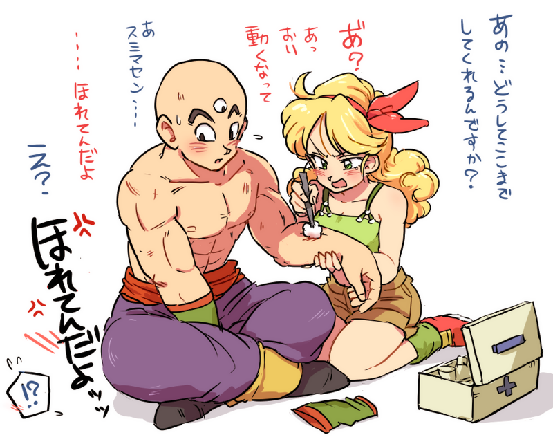 !? 1boy 1girl annoyed bald between_legs blonde_hair cotton_ball dragon_ball eyebrows_visible_through_hair first_aid_kit green_eyes hair_ribbon hand_between_legs legs_crossed long_hair looking_away lunch_(dragon_ball) nervous pants red_shoes ribbon scrape seiza shirtless shoes shorts simple_background sitting socks sweatdrop tank_top tenshinhan tkgsize translation_request white_background wristband