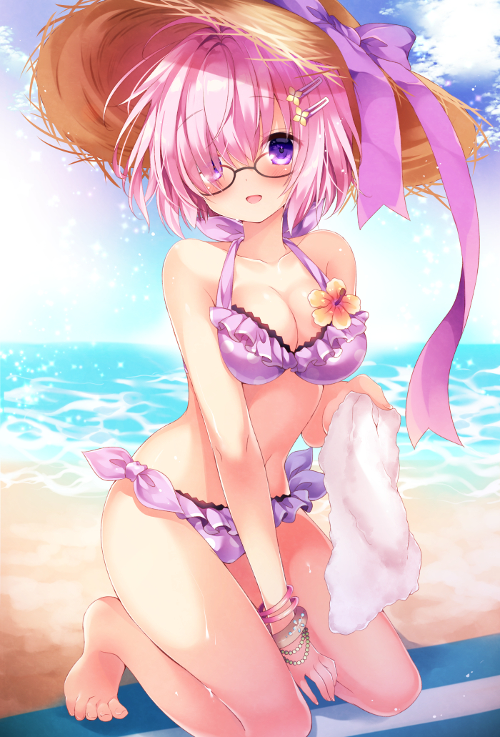 1girl :d bangs barefoot beach bikini blue_sky bracelet breasts cleavage clouds collarbone day eyebrows_visible_through_hair fate/grand_order fate_(series) flower frilled_bikini frills glasses hair_ornament hair_over_one_eye hairclip halterneck hat hat_ribbon holding_towel horizon jewelry looking_at_viewer medium_breasts nogi_takayoshi ocean open_mouth outdoors pink_hair purple_ribbon ribbon shielder_(fate/grand_order) side-tie_bikini sky smile solo squatting straw_hat sun_hat sunlight swimsuit towel violet_eyes water wet white_towel