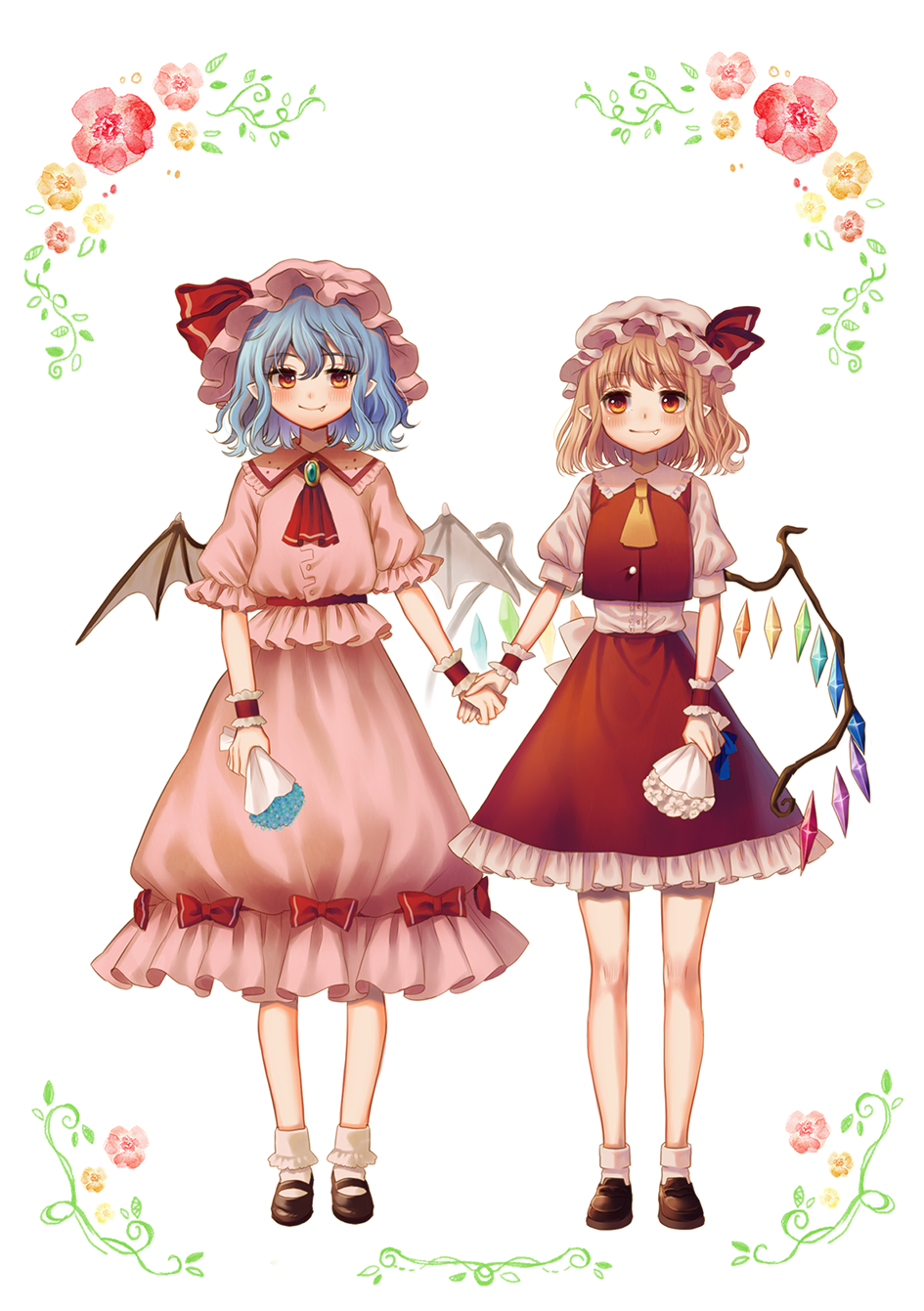 2girls ascot bangs bat_wings blonde_hair blouse blue_hair blush bobby_socks bouquet brooch crystal fang flandre_scarlet flower frilled_shirt_collar frilled_skirt frills full_body hand_holding hat hat_ribbon highres jewelry loafers looking_at_another mary_janes mob_cap multiple_girls pink_blouse pink_skirt pointy_ears puffy_short_sleeves puffy_sleeves red_eyes red_ribbon red_skirt red_vest remilia_scarlet retota ribbon shirt shoes short_sleeves siblings side_ponytail sisters skirt skirt_set smile socks standing touhou vest white_shirt wings wrist_cuffs