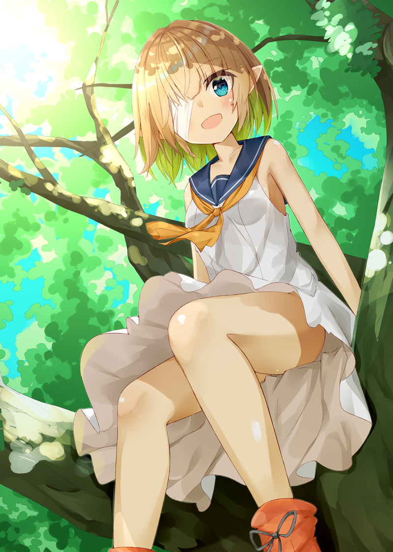 1girl bandage_over_one_eye bangs blonde_hair blue_eyes blush boots breasts collarbone day dress eyebrows_visible_through_hair green_hair kavka looking_at_viewer multicolored_hair open_mouth orange_neckerchief original outdoors pointy_ears red_boots sailor_collar sailor_dress short_hair sidelocks sitting small_breasts smile solo sundress thighs tree tree_branch two-tone_hair white_dress